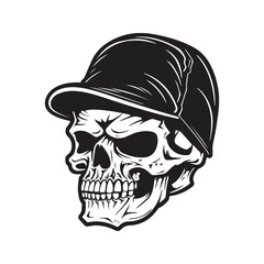 skull with cap, logo concept black and white color, hand drawn illustration