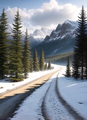a natural path leading through a snowy area with trees growing at the side, the snow is melting to reveal a path