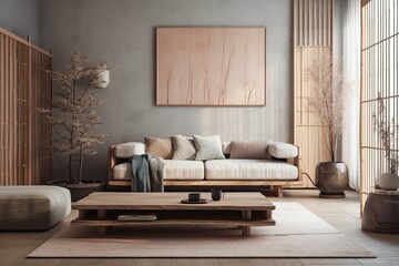 Japandi living room with plaster wall. Macrame wall art and minimalist fabric couch. Wabi sabi decor,. Generative AI