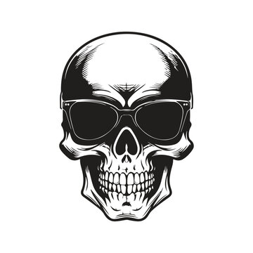 skull with sunglasses, logo concept black and white color, hand drawn illustration