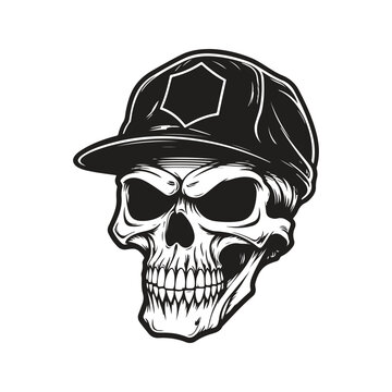 skull with cap, logo concept black and white color, hand drawn illustration