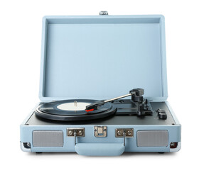 Record player with vinyl disk on white background