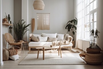 Beautiful Scandinavian hygge living room cozy couch, cushion, white walls, house plants. Luxurious bright apartment interior design idea. Generative AI