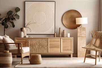 Modern beige living room with mock up structural painting, created sculpture, beige wooden sideboard, and boho inspired personal items. Template. Generative AI