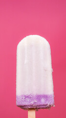 Close-up vertical of frozen taro popsicle sticks on pink background.
