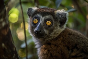 Obraz premium In his natural habitat, an endangered Woolly Lemur may be seen hanging to a tree up close. His stunning eyes were fixed on the camera. Camp Saha Forest, Madagascar. Generative AI