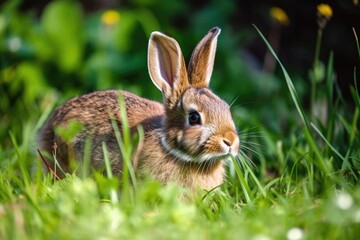 Naklejka na ściany i meble a brown bunny in the morning grass. Generative AI