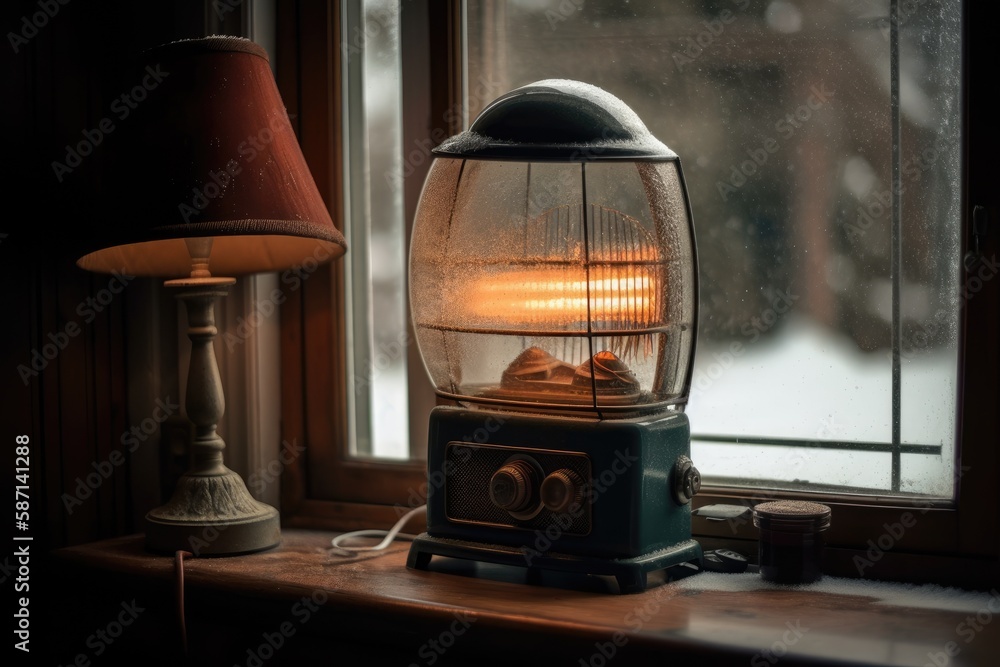 Poster table lamp casting a warm glow next to a window with a view. Generative AI