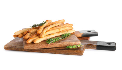 Wooden boards with tasty Italian Grissini on white background
