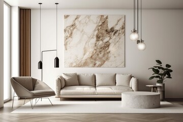 White sofa and armchair in a contemporary living room with a brown marble floor, brown and white walls, with a vertical poster and a round coffee table nearby. a mockup. Generative AI