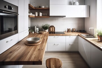 Fototapeta na wymiar Contemporary white kitchen corner with natural oak wood countertop and equipment. Generative AI