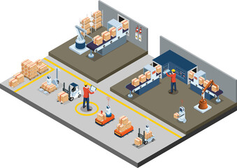 3D isometric automated warehouse robots and Smart warehouse technology Concept with Warehouse Automation System and Autonomous Robot Transportation operation service. 