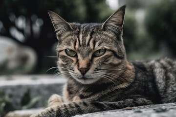 Naklejka na ściany i meble Stray domestic cat with selective attention left in a graveyard. Generative AI