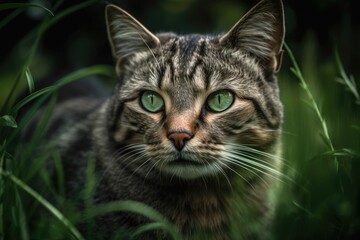 Naklejka na ściany i meble A kitty portrait amid green grass. Animal. Generative AI