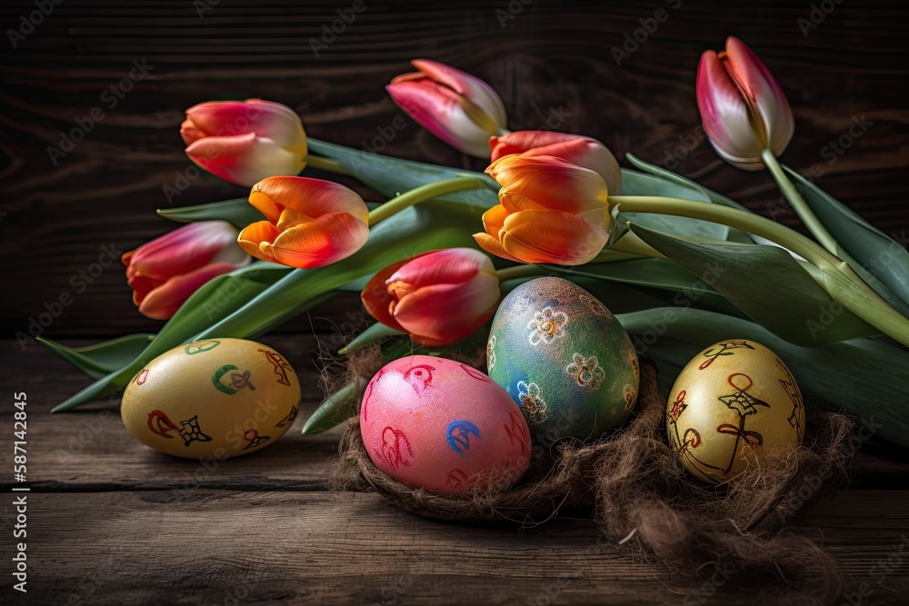 Aufkleber table setting with colorful flowers and fresh eggs. generative ai