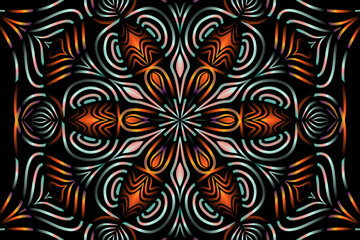 Beautiful caleidoscope symmetrical colourful gradient flowers line art of traditional background batik dayak ornament design template elements