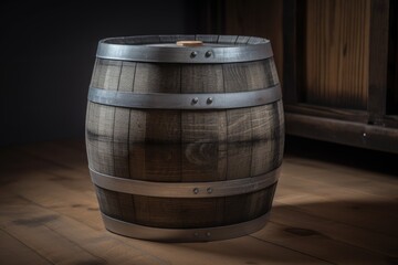 Fototapeta premium wooden barrel resting on a wooden floor. Generative AI