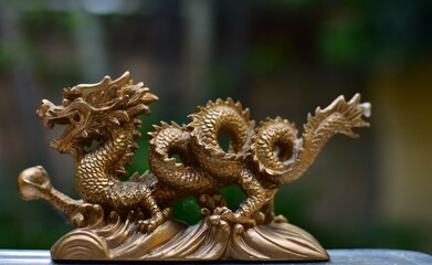 Dragón chino dorado con fondo verde