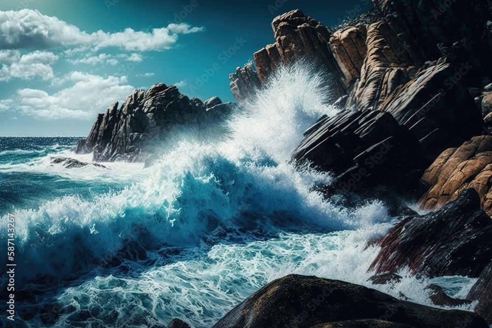 Poster blue skies and a vertical image of the ocean waves crashing against the cliffs. generative ai