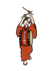 太鼓を持って岩手のさんさ踊りをする女性