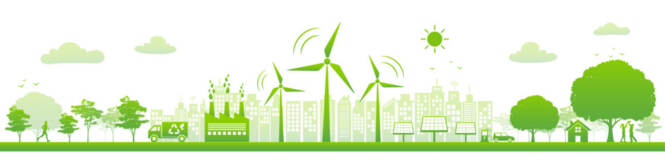 Renewable and Eco Friendly Energy Concept Banner. Flat design elements for Clean Environment, Technological sustainable development and Alternative Energy concept, Vector illustration