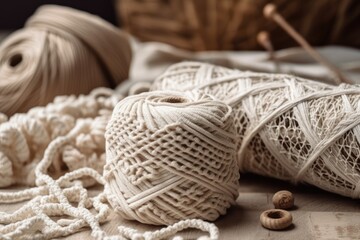 Macrame. Cotton threads and macrame. Feminine hobby. Eco friendly contemporary knitting DIY natural home decorating. Cotton wall art. Generative AI