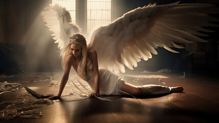 beautiful female angel fights death for the last time, photorealistic