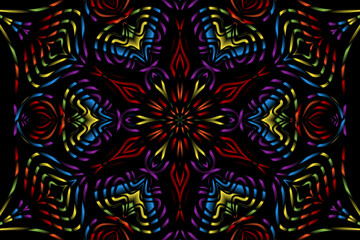 Fototapeta premium Beautiful caleidoscope symmetrical colourful gradient flowers line art of traditional background batik dayak ornament design template elements