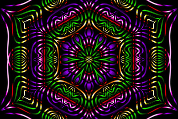 Beautiful caleidoscope symmetrical colourful gradient flowers line art of traditional background batik dayak ornament design template elements