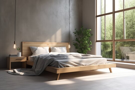Interior design, cool bedroom wall mockup, contemporary bed, decorative plants, and sunlight. Generative AI