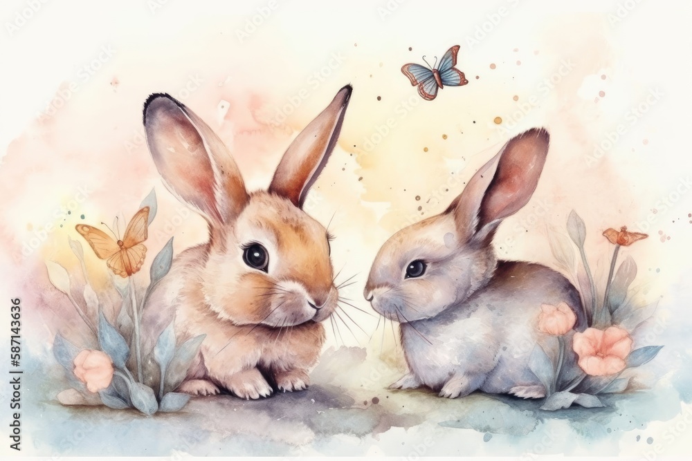 Poster two cute rabbits cuddling each other in a green field. generative ai