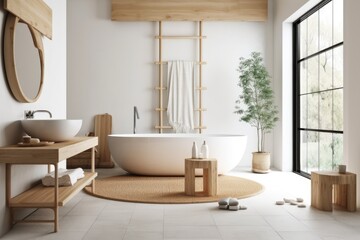 Fototapeta na wymiar White and bleached Japanese minimalist bathroom. Bathtub and washbasin. Farmhouse decor,. Generative AI