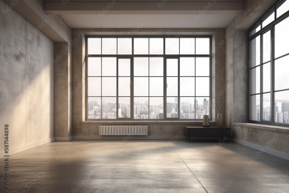 Wall mural empty room with natural light and a wooden bench by the window. Generative AI