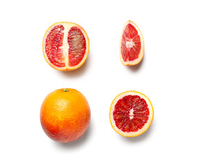Tasty cut and whole blood orange fruit on white background