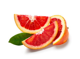 Tasty slices of blood orange fruit on white background