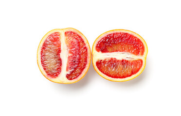 Tasty halves of blood orange fruit on white background