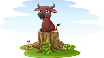 Cartoon buffalo sitting on tree stump