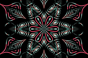 Beautiful caleidoscope symmetrical colourful gradient flowers line art of traditional background batik dayak ornament design template elements