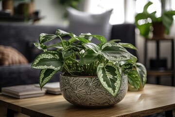 Tropical 'Epipremnum Global Green' houseplant in flower pot on living room table. Generative AI