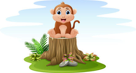 Cartoon monkey sitting on tree stump