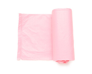 Pink roll of garbage bag isolated on white background