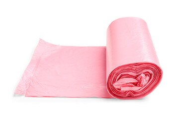 Pink roll of garbage bag isolated on white background