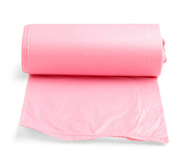 Pink roll of garbage bag isolated on white background
