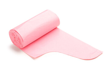 Pink roll of garbage bag isolated on white background