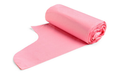 Pink roll of garbage bag isolated on white background