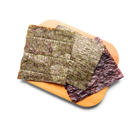 Wooden board with natural nori sheets isolated on white background