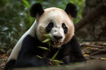Panda eating bamboo and sitting. Generative AI