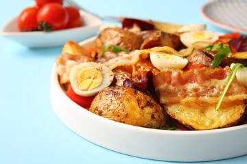 Plate of tasty potato salad with eggs, tomatoes and bacon on light blue background, closeup