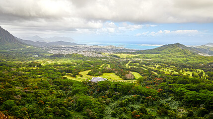 Lush Green Mountain Slope at the Pali Lookout on the Island of Oahu, Hawaii