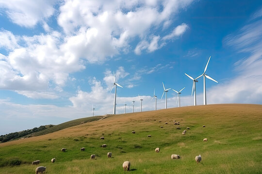 Wind turbines along the ridge. Sheep grazing below. Generative AI
